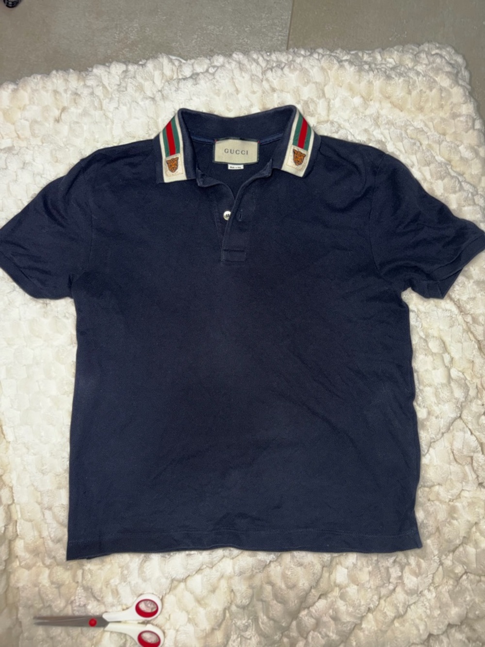 Gucci Navy Polo with Signature Red-Green Stripe Collar